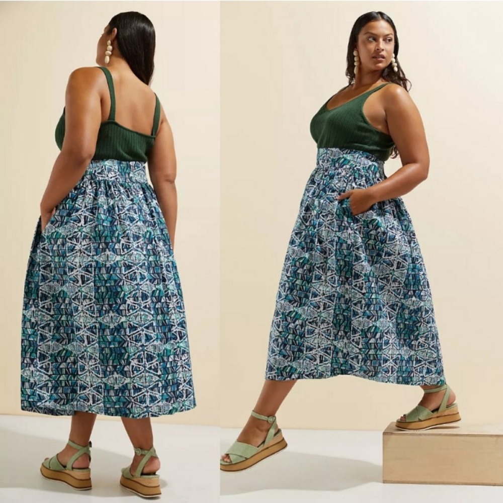 RARE NEW Anthropologie Sika A-Line Midi Skirt Blue Abstract Print Full Skirt